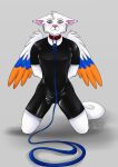  absurd_res anthro blue clothing collar cynthiafeline domestic_cat felid feline felis hi_res honigbot kneeling leash male mammal orange rubber rubber_clothing rubber_suit solo submissive submissive_male white wings 