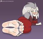  5_toes disney eda_clawthorne feet foot_focus grey_hair hair heterochromia hi_res humanoid humanoid_feet humanoid_pointy_ears lying mammal mrchasecomix not_furry on_side soles the_owl_house toes witch_(the_owl_house) 