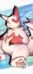  3_toes ambiguous_gender anthro barefoot belly big_belly claws english_text featureless_crotch feet fluffy fluffy_tail fur hi_res looking_at_viewer markings nintendo pawpads pok&eacute;mon pok&eacute;mon_(species) red_markings red_sclera risenpaw simple_background slightly_chubby smile solo text toes video_games white_body white_fur zangoose 