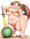  1girl bikini blush breasts brown_eyes brown_hair commentary_request covered_nipples eyebrows_visible_through_hair fat food fruit full_body gundam gundam_build_fighters gundam_build_fighters_try hair_ornament head_tilt highres holding large_breasts long_hair looking_at_viewer navel open_mouth orizen plump red_bikini sazaki_kaoruko simple_background smile solo squatting string_bikini swimsuit tareme thick_arms thick_thighs thighs twintails watermelon wet white_background 