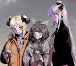  arknights artist_name blonde_hair blush brown_hair coat commentary_request crumbs ear_blush ear_piercing eating food food_bite food_in_mouth grey_background grey_coat highres holding holding_food horns ifrit_(arknights) long_hair mouth_hold orange_coat orange_eyes piercing radish_p round_eyewear saria_(arknights) scarf short_hair silence_(arknights) slit_pupils smile starry_background steam striped striped_scarf white_hair 