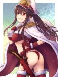  1girl alternate_costume antique_firearm arquebus ass bikini blush border breasts brown_hair cape epaulettes fate/grand_order fate_(series) from_side fur-trimmed_cape fur-trimmed_legwear fur_trim gloves gun hair_between_eyes hand_on_hip hat katana long_hair medium_breasts oda_nobunaga_(fate) oda_uri outside_border peaked_cap red_bikini red_cape red_eyes red_gloves red_legwear sack santa_bikini smile solo swimsuit sword teramoto_kei thighhighs weapon white_border white_cape 