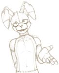  2015 anthro fingers five_nights_at_freddy&#039;s five_nights_at_freddy&#039;s_4 lagomorph leporid looking_at_viewer male mammal monochrome nukde plushtrap_(fnaf) rabbit reaching reaching_towards_viewer scottgames sharp_teeth sketch smile solo stitch_(sewing) teeth video_games 
