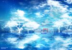  anonamos artist_name blue_sky cloud highres no_humans original reflection reflective_water ripples scenery sky torii tree white_tree 