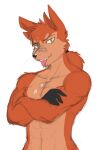  2015 abs anthro athletic athletic_anthro athletic_male biceps canid canine crossed_arms digital_media_(artwork) fingers five_nights_at_freddy&#039;s five_nights_at_freddy&#039;s_4 fox fur hair looking_at_viewer male mammal multicolored_body multicolored_fur muscular muscular_anthro muscular_male nightmare_foxy_(fnaf) nude nukde pecs red_body red_fur red_hair scar scottgames short_hair simple_background smile solo standing teeth tongue tongue_out two_tone_body two_tone_fur video_games whiskers white_background yellow_eyes 