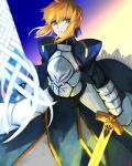  1girl ahoge armor armored_dress artoria_pendragon_(fate) blonde_hair blue_dress blue_ribbon braid breastplate dress excalibur_(fate/stay_night) expressionless fate/grand_order fate_(series) french_braid gauntlets green_eyes highres juliet_sleeves long_sleeves looking_at_viewer moedredd painterly puffy_sleeves rhongomyniad_(fate) ribbon saber solo 