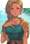  1girl bianca_(dq5) blonde_hair blue_eyes bracer braid breasts cape choker dragon_quest dragon_quest_v earrings hair_over_shoulder hand_on_own_chest hungry_clicker jewelry long_hair looking_at_viewer outdoors single_braid solo upper_body 