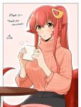  1girl absurdres aran_sweater blush breasts cable_knit commission commissioner_upload cup fingernails hair_between_eyes hair_ornament highres lamia long_hair looking_at_viewer medium_breasts melonwaterlemon miia_(monster_musume) monster_girl monster_musume_no_iru_nichijou mug ponytail red_hair scales sidelocks sitting skeb_commission skirt slit_pupils solo steam sweater table yellow_eyes 