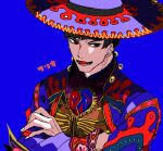  1boy 48nuson black_eyes black_hair blue_background crossed_arms deadmen_(kamen_rider_revice) evil_smile fangs hat highres jacket julio_(kamen_rider_revice) kamen_rider kamen_rider_revice male_focus mexican_clothes purple_jacket short_hair smile sombrero 