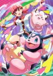  1girl :d bangs breasts clefairy commentary_request hair_ornament hairclip highres jacket long_hair miltank open_mouth pink_eyes pink_hair pokemon pokemon_(creature) pokemon_(game) pokemon_hgss rainys_bill short_shorts short_sleeves shorts smile tongue twintails white_jacket whitney_(pokemon) 