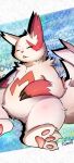  3_toes ambiguous_gender anthro barefoot belly big_belly claws english_text featureless_crotch feet fluffy fluffy_tail fur hi_res looking_at_viewer markings nintendo pawpads pok&eacute;mon pok&eacute;mon_(species) red_markings red_sclera risenpaw simple_background slightly_chubby smile solo text toes tongue video_games white_body white_fur zangoose 