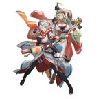  2girls absurdres arrow_(projectile) bangs black_gloves black_legwear blue_hair bow_(weapon) braid breasts choker circlet cleavage closed_mouth commentary_request cuboon dagr_(fire_emblem) fire_emblem fire_emblem_heroes gloves green_hair headgear highres holding holding_bow_(weapon) holding_weapon japanese_clothes jewelry kodachi large_breasts lips long_hair mole mole_under_eye multiple_girls nott_(fire_emblem) official_art reverse_grip sandals sarashi sheath shiny shiny_clothes shiny_hair short_hair short_sword simple_background single_braid smile sword tabi thighhighs tied_hair weapon white_background wide_sleeves 