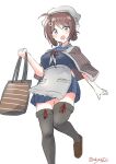  1girl absurdres apron bag bandana blue_serafuku blue_skirt braid brown_hair brown_shawl chougei_(kancolle) feet_out_of_frame grey_eyes grey_legwear hair_ornament hair_rings hairclip headgear highres kantai_collection long_hair neckerchief one-hour_drawing_challenge pleated_skirt robinson_(day_l_full) sailor_collar school_uniform serafuku simple_background skirt solo thighhighs twin_braids two_side_up waist_apron whale_hair_ornament white_apron white_background white_neckerchief white_neckwear 