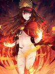  1girl barefoot breasts brown_hair cape embers fate/grand_order fate_(series) fire flaming_hand groin hair_between_eyes hat highres long_hair looking_at_viewer medium_breasts naked_cape navel night no_bra no_panties oda_nobunaga_(fate) oda_uri peaked_cap red_cape red_eyes smile solo standing standing_on_one_leg teramoto_kei very_long_hair 
