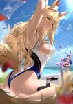  2girls animal_ears arknights arm_up armpits artist_name ass bare_legs barefoot beach beach_umbrella bird blonde_hair blue_sky blurry blurry_foreground blush breasts cloud cloudy_sky commentary competition_swimsuit cup day drink eyebrows_visible_through_hair full_body hair_between_eyes highres holster horse_ears horse_girl horse_tail innertube large_breasts lens_flare long_hair looking_at_viewer multiple_girls nearl_(arknights) nearl_(shimmering_dew)_(arknights) ocean official_alternate_costume one-piece_swimsuit outdoors parted_lips petals polka_dot purple_hair rabbit_ears rope_(arknights) rope_(summer_flowers)_(arknights) sideboob sitting sky smile solo_focus sunlight surfboard swimsuit tail thigh_holster thigh_strap thighs umbrella valim wariza wavy_hair white_swimsuit yellow_eyes 