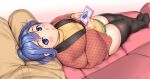  1girl bangs black_legwear blue_eyes blue_hair blush commentary_request couch eyebrows_visible_through_hair fat_step-sister_(orizen) full_body holding holding_phone lap_pillow long_sleeves looking_at_viewer medium_hair original orizen out_of_frame parted_lips phone shadow tareme thick_thighs thighhighs thighs white_background zettai_ryouiki 