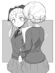  2girls ? absurdres arm_grab assam_(girls_und_panzer) braid closed_mouth commentary darjeeling_(girls_und_panzer) dress_shirt girls_und_panzer greyscale hair_pulled_back hair_ribbon highres holding holding_notebook light_frown long_hair long_sleeves looking_at_another miniskirt monochrome motion_lines multiple_girls necktie notebook pleated_skirt renshiu ribbon school_uniform shirt short_hair skirt st._gloriana&#039;s_school_uniform standing sweatdrop sweater tied_hair twin_braids v-neck wing_collar 