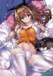  1girl absurdres bed_sheet brown_hair cat doujinshi from_above glasses headband highres lingerie long_hair lying min-naraken nightgown open_mouth pillow pink_eyes scan solo underwear 