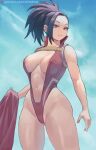  1girl areola_slip areolae ass_visible_through_thighs bangs bare_shoulders black_hair boku_no_hero_academia breasts brown_eyes cleavage cleavage_cutout clothing_cutout collar covered_nipples highleg highleg_leotard highres large_breasts leotard looking_away navel navel_cutout parted_bangs ponytail revealing_clothes skindentation sleeveless solo standing thick_thighs thighs yaoyorozu_momo zefrableu 