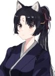  1girl :3 animal_ear_fluff animal_ears arknights bangs black_hair black_kimono blush braid breasts brown_eyes closed_mouth dog_ears eyebrows_visible_through_hair facial_mark forehead_mark jannong japanese_clothes kimono long_hair looking_at_viewer medium_breasts mixed-language_commentary parted_bangs ponytail saga_(arknights) simple_background smile solo twitter_username upper_body white_background 