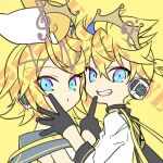  1boy 1girl ahoge anniversary bass_clef black_gloves blonde_hair blue_eyes brother_and_sister choker crown fang fortissimo gloves grin half_gloves happy_birthday headphones index_finger_raised kagamine_len kagamine_rin long_sleeves negi_(ulog&#039;be) sailor_collar shirt short_hair short_ponytail siblings sleeveless sleeveless_shirt smile treble_clef tsurime twins two-tone_bow vocaloid 