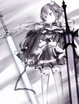 1girl choker closed_mouth crossed_arms double_bun dress feet_out_of_frame garter_straps greyscale highres hololive jacket jacket_on_shoulders monochrome nanashi_(nlo) planted planted_sword purple_theme solo standing sword thighhighs uruha_rushia weapon wristband 