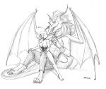  anthro baron_engel big_breasts bottomwear breasts clothing collar corset dragon duo eyes_closed female graphite_(artwork) leaning leaning_back lingerie male male/female mammal mouse murid murine pants pencil_(artwork) petina_demouse rodent simple_background size_difference straddling topwear traditional_media_(artwork) white_background 