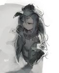  1girl bangs character_name closed_mouth coat from_above g11_(girls&#039;_frontline) girls&#039;_frontline grey_eyes grey_hair grey_theme hair_between_eyes hat long_hair long_sleeves open_clothes open_coat perspective simple_background sketch solo standing yasushi 