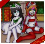  angel_kitsune anthro canid canine canis christmas christmas_clothing clothing dream_mirage dream_mirage_(hyperion) duo female female/female flat_chested footwear fox hi_res holidays hybrid kayla_kitsune legwear mammal socks teenager thigh_highs wolf young 