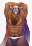  2021 abs absurd_res anthro armor arms_above_head bandai_namco beard big_muscles body_hair bulge cape chest_hair clothing condom condom_in_mouth digimon digimon_(species) facial_hair fan_character front_view happy_trail headgear helmet hi_res horn inviting lgbt_pride looking_at_viewer male muscular muscular_anthro muscular_male navel nipples obliques pecs pride_colors pubes rainbow_flag rainbow_pride_flag rainbow_symbol sexual_barrier_device simple_background smile solo standing sush1d0g3 teeth thong underwear wargreymon white_background 