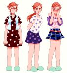  absurdres blush brown_eyes brown_hair character_sheet diamond_wa_kudakenai dress highres jojo_no_kimyou_na_bouken kawajiri_shinobu polka_dot ponytail slippers tariah_furlow variations vest waving 