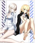  2girls ahoge artoria_pendragon_(fate) black_jacket black_ribbon blonde_hair breasts cleavage collared_shirt diagonal_stripes dress_shirt fate/grand_order fate_(series) foo_(pixiv54892036) green_eyes hair_ribbon hand_on_own_chest highres jacket jacket_on_shoulders light_smile looking_at_viewer multiple_girls pale_skin parted_lips ribbon saber saber_alter shirt smile striped thighs white_background white_shirt yellow_eyes 