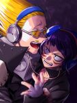  1boy 1girl amplifier annoyed audio_jack black_hair black_jacket blonde_hair blurry blurry_foreground boku_no_hero_academia close-up costume dark_background eye_contact facial_hair fingerless_gloves gloves hair_up headphones highres holding_another&#039;s_wrist jacket jirou_kyouka long_hair looking_at_another mustache open_mouth osutoraria_(1ndi_g0) present_mic short_hair simple_background speaker teacher_and_student teeth tinted_eyewear upper-body upper_teeth 
