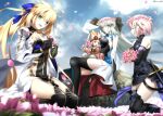  4girls absurdres ahoge armor armored_dress artoria_pendragon_(caster)_(fate) artoria_pendragon_(fate) baggy_pants bangs bare_shoulders black_bow black_dress black_footwear black_gloves black_legwear blonde_hair blue_bow blue_eyes blue_sky blush boots bow braid breasts button_eyes buttons center_opening cleavage cleavage_cutout closed_eyes clothing_cutout dress elbow_gloves fate/grand_order fate_(series) field flower flower_field flower_wreath foo_(pixiv54892036) french_braid gloves green_eyes grey_hair habetrot_(fate) hair_bow hat head_wreath highres hood hooded_jacket jacket kneeling large_breasts light_purple_hair long_hair long_sleeves looking_at_viewer mash_kyrielight medium_breasts morgan_le_fay_(fate) multiple_girls open_mouth pants pelvic_curtain pink_hair pink_headwear pink_jacket pointy_ears ponytail purple_gloves red_eyes seiza short_hair sidelocks sitting sky small_breasts smile sword thigh_boots thigh_strap thighhighs thighs twintails two-tone_dress very_long_hair weapon white_dress white_pants wide_sleeves 
