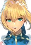  1girl ahoge artoria_pendragon_(fate) blonde_hair blue_bow blue_dress bow braid dress fate/grand_order fate/stay_night fate_(series) french_braid green_eyes hair_between_eyes highres looking_at_viewer painterly realistic saber smile solo teeth upper_body white_background yuki_flourish 