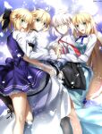  4girls ahoge alternate_costume artist_name artoria_pendragon_(caster)_(fate) artoria_pendragon_(fate) black_skirt blue_ribbon blue_skirt blush breasts character_request fate/grand_order fate_(series) foo_(pixiv54892036) frilled_skirt frills green_eyes grey_hair highres holding_hands long_hair looking_at_viewer medium_breasts multiple_girls necktie plaid plaid_skirt red_neckwear ribbon saber_alter saber_lily shirt short_ponytail skirt smile white_shirt yellow_eyes 