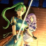  2girls blue_dress dress earrings fingerless_gloves fire_emblem fire_emblem:_the_blazing_blade firelight florina_(fire_emblem) frown furrowed_brow gloves green_eyes green_hair highres jewelry katana long_hair looking_at_viewer lyn_(fire_emblem) miraioranji multiple_girls open_mouth pegasus_knight_uniform_(fire_emblem) ponytail protecting purple_hair rope_belt skirt sword very_long_hair weapon white_skirt worried 