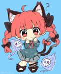  1girl ? ahoge animal_ear_fluff animal_ears artist_name black_bow black_footwear blue_background blush bow cat_ears cat_tail chibi dress extra_ears ghost green_dress hitodama kaenbyou_rin leg_ribbon multiple_tails necktie pointy_ears ramudia_(lamyun) red_bow red_eyes red_hair ribbon signature skull slit_pupils standing tail tail_bow tail_ornament touhou twitter_username two_tails 