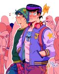  beanie black_hair blue_eyes blush casual cheekbones crazy_diamond diamond_wa_kudakenai earrings facial_mark flannel grey_hair hands_in_pockets hat higashikata_josuke highres jacket jewelry jojo_no_kimyou_na_bouken male_focus nijimura_okuyasu pompadour purple_hair sukajan tariah_furlow whistling 