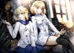  2girls absurdres ahoge arcueid_brunestud artoria_pendragon_(fate) bench between_legs black_footwear black_legwear black_skirt blue_scarf blue_skirt blurry boots braid buttons depth_of_field double-breasted fate/grand_order fate_(series) foo_(pixiv54892036) french_braid hair_between_eyes hand_between_legs highres jacket looking_at_viewer menu_board miniskirt multiple_girls necktie pantyhose red_eyes saber scarf short_hair skirt smile snow sweater thigh_boots thighhighs turtleneck turtleneck_sweater visible_air white_jacket 