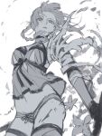  1girl absurdres bandaged_arm bandages bow dizi930 eyelashes flower gloves greyscale highres holding holding_weapon kaine_(nier) long_hair looking_down lunar_tear monochrome navel nier nier_(series) parted_lips sketch solo spot_color thigh_strap thighhighs torn torn_clothes weapon yellow_eyes 