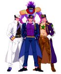  4boys absurdres belt black_hair chain diamond_wa_kudakenai gakuran green_eyes hands_in_pockets hat high_collar highres jojo_no_kimyou_na_bouken kujo_jotaro long_coat male_focus multiple_boys multiple_persona sam_browne_belt school_uniform shoulder_pads snake_print stand_(jojo) star_platinum stardust_crusaders stone_ocean tariah_furlow 