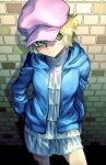  1girl against_wall blonde_hair blue_hoodie brick_wall closed_mouth commentary frilled_shirt frilled_skirt frills green_eyes hat hood hood_down hooded_jacket hoodie jacket long_sleeves looking_at_viewer mary_sera meitantei_conan open_clothes open_hoodie pink_headwear shadow shirt short_hair skirt solo soraao0322 standing white_shirt white_skirt 