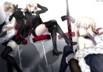  3girls absurdres apron artist_name artoria_pendragon_(alter_swimsuit_rider)_(fate) artoria_pendragon_(fate) bar_stool black_ribbon blonde_hair boots braid crossed_legs excalibur_morgan_(fate) expressionless fate/grand_order fate_(series) foo_(pixiv54892036) food french_braid fur-trimmed_legwear fur_trim grey_background hand_in_hair high_heel_boots high_heels highres jet_black_king_of_knights_ver._shinjuku_1999 looking_at_viewer maid_apron maid_headdress multicolored_ribbon multiple_girls navel off_shoulder one_eye_closed ponytail popsicle ribbon saber_alter shadow shorts shoulder_blades shoulders stool thigh_boots thighhighs thighs twitter_username yellow_eyes 