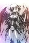  1girl angel_wings breasts center_opening chain cleavage clenched_hand collar expressionless feet_out_of_frame gauntlets highres ikaros monochrome navel parted_lips robot_ears solo sora_no_otoshimono standing watanabe_yoshihiro wings 