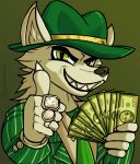  absurd_res anthro astralupus canid canine canis claws clothing fedora fur furgonomics gangster gesture green_clothing green_eyes grin hair hat headgear headwear hi_res inner_ear_fluff jewelry long_hair male mammal meme money necktie ring sharp_teeth simple_background smile solo suit tan_body tan_fur teeth thumbs_up tuft wolf 