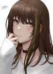  1girl bangs black_choker blush brown_eyes brown_hair choker close-up closed_mouth eyebrows_visible_through_hair girls&#039;_frontline green_hair highres jewelry long_sleeves looking_at_viewer m4a1_(girls&#039;_frontline) multicolored_hair necklace selcky shirt signature simple_background solo streaked_hair upper_body white_background white_shirt 