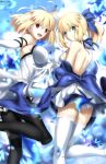  2girls absurdres ahoge alternate_costume arcueid_brunestud artoria_pendragon_(fate) black_legwear blonde_hair blue_background blue_bow blue_ribbon blue_skirt bow breasts elbow_gloves fate/grand_order fate/stay_night fate_(series) foo_(pixiv54892036) gloves green_eyes hair_between_eyes hair_bow halter_top halterneck highres lace-trimmed_legwear lace_trim large_breasts looking_at_viewer medium_breasts multiple_girls pantyhose ponytail red_eyes ribbon saber shirt shoulder_blades skirt smile standing standing_on_one_leg strap_gap thighhighs thighs tsukihime white_legwear white_shirt zettai_ryouiki 