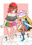  2girls american_flag_dress american_flag_legwear barefoot black_eyes black_shirt blonde_hair blush blush_stickers border breasts cleavage closed_eyes closed_mouth clothes_writing clownpiece collarbone dress eighth_note eyebrows_visible_through_hair fairy fairy_wings floor green_skirt hair_between_eyes hat hecatia_lapislazuli jester_cap large_breasts long_hair multicolored_clothes multicolored_skirt multiple_girls musical_note open_mouth pantyhose pink_skirt polka_dot_headwear polos_crown purple_headwear red_hair red_skirt shirt short_hair short_sleeves skirt smile star_(symbol) star_print striped striped_dress striped_legwear touhou white_border wings zannen_na_hito 