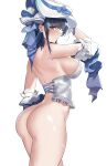  1girl absurdres aqua_hair arm_up ass azur_lane bangs bare_shoulders black_eyes black_hair blue_bow blue_hair bottomless bow breasts bustier cheshire_(azur_lane) cheshire_(the_cat_and_the_white_steed)_(azur_lane) chinese_commentary closed_mouth commentary_request cowboy_shot cross-laced_clothes eyebrows_visible_through_hair from_side hair_bow hat hat_bow highres large_breasts looking_at_viewer looking_to_the_side multicolored_hair musicatopos rainbow_gradient shiny shiny_clothes shiny_skin simple_background smile solo standing streaked_hair striped striped_bow thighs two-tone_hair underwear underwear_only vertical_stripes white_background white_headwear 